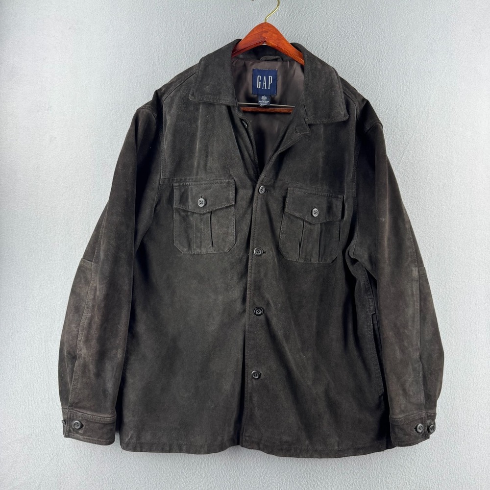 Vintage 90s Gap Leather Jacket Mens Large Shacket Button Heavy Rough Dark Brown